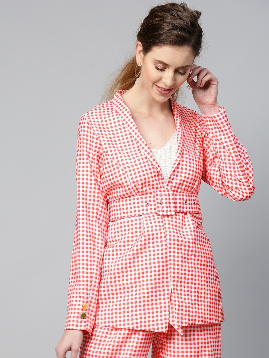 Women's Red & White Check Belted Blazer - SASSAFRAS