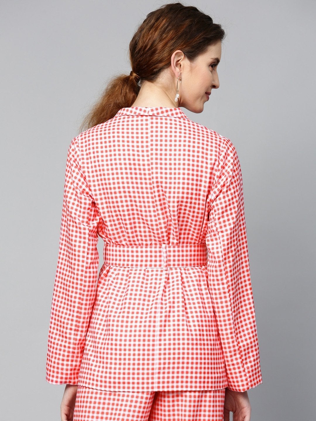 Women's Red & White Check Belted Blazer - SASSAFRAS