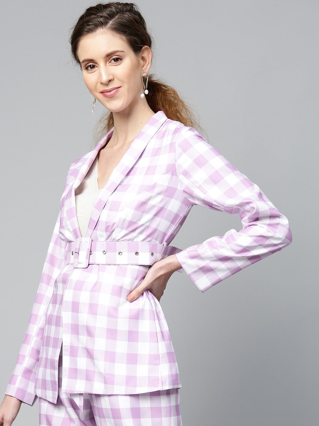 Women's Lavender & White Check Belted Blazer - SASSAFRAS