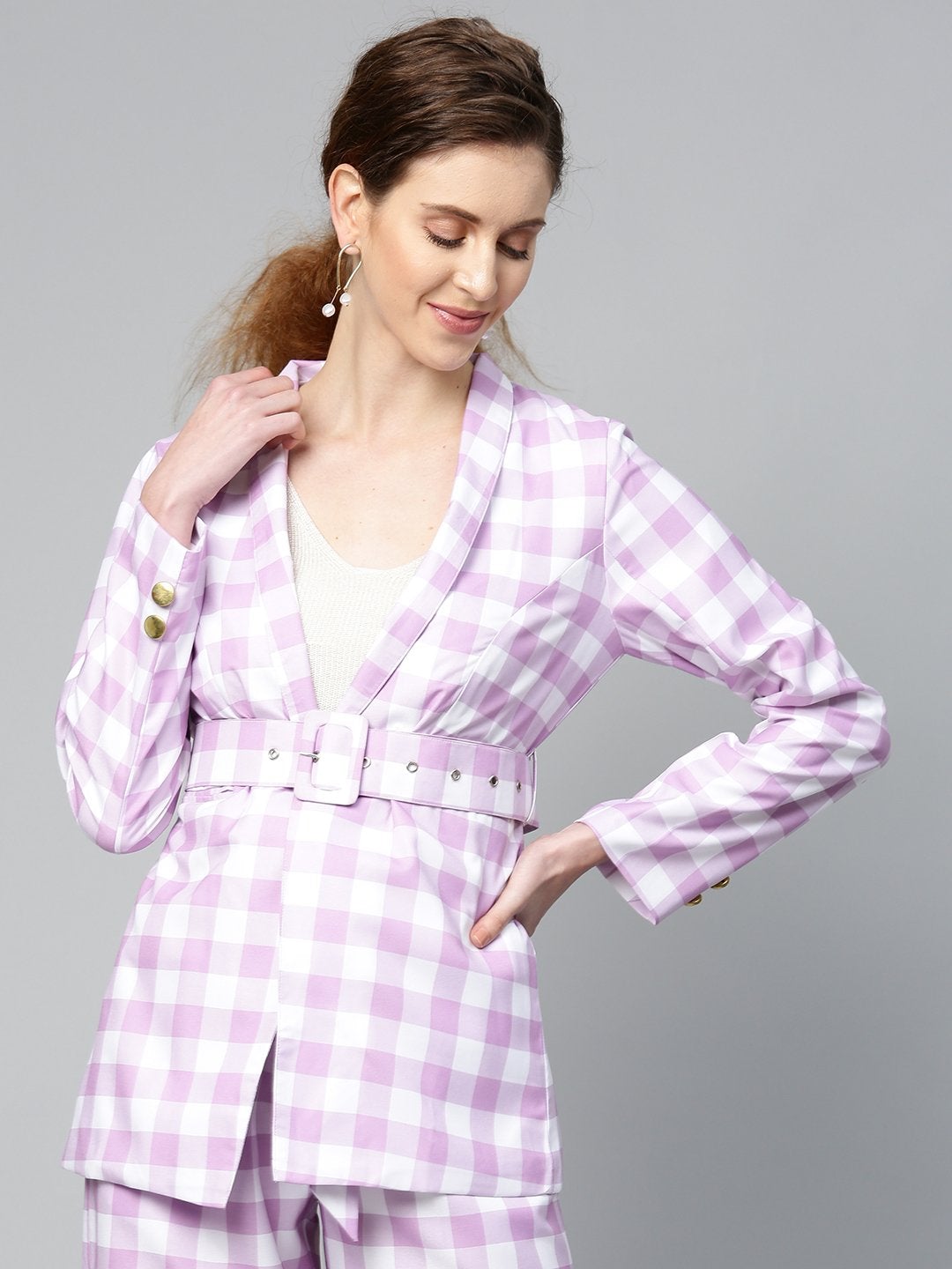 Women's Lavender & White Check Belted Blazer - SASSAFRAS