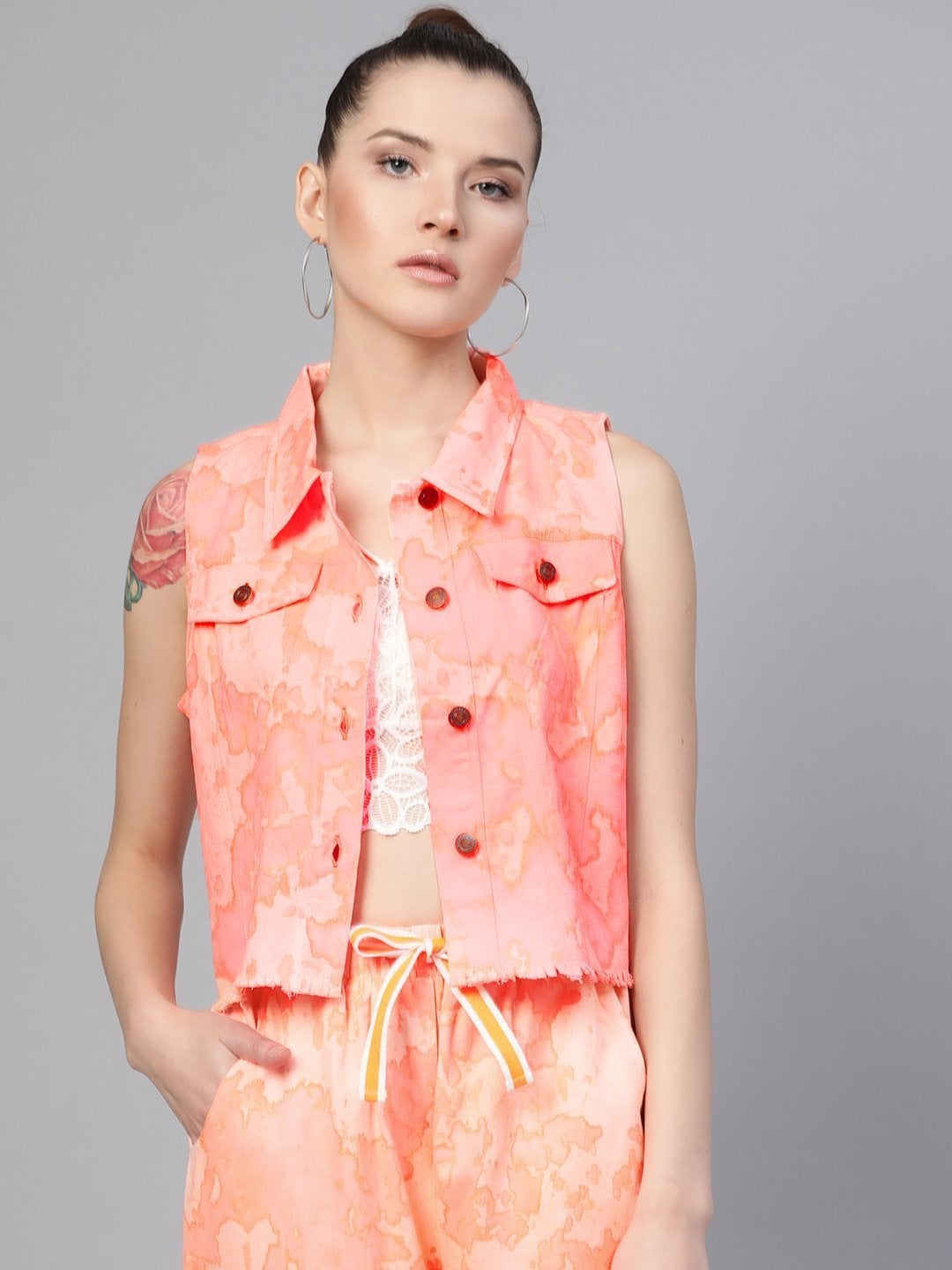 Women's Pink Tie-Dye Sleeveless Jacket - SASSAFRAS