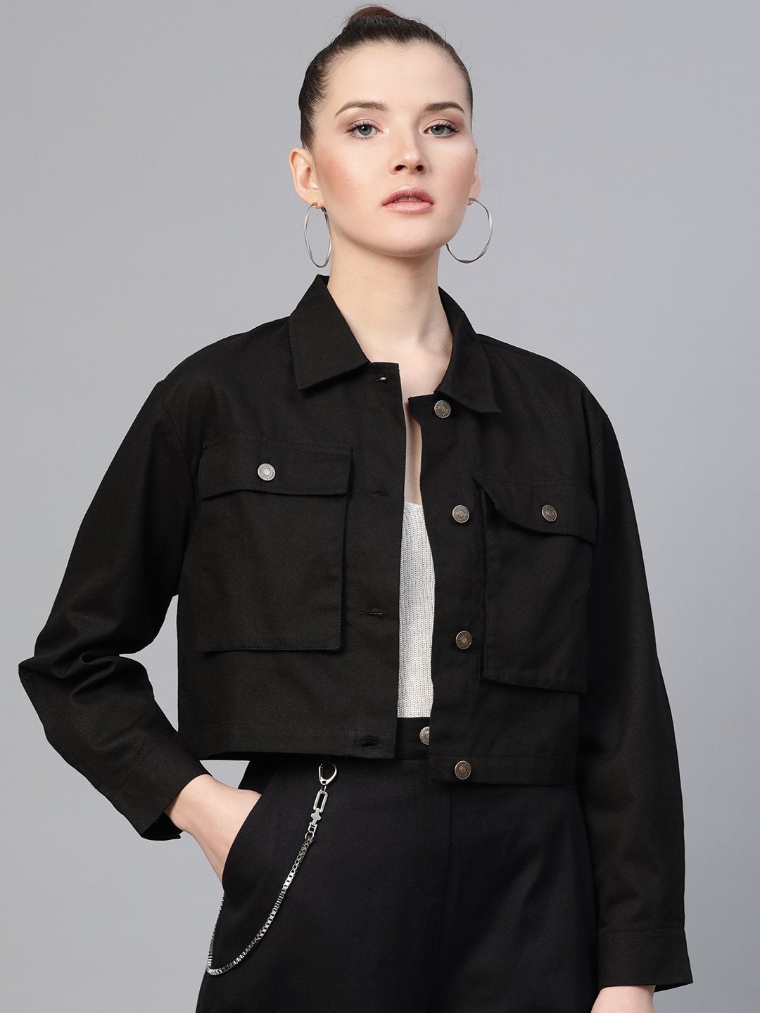 Women's Black Boxy Denim Jacket - SASSAFRAS