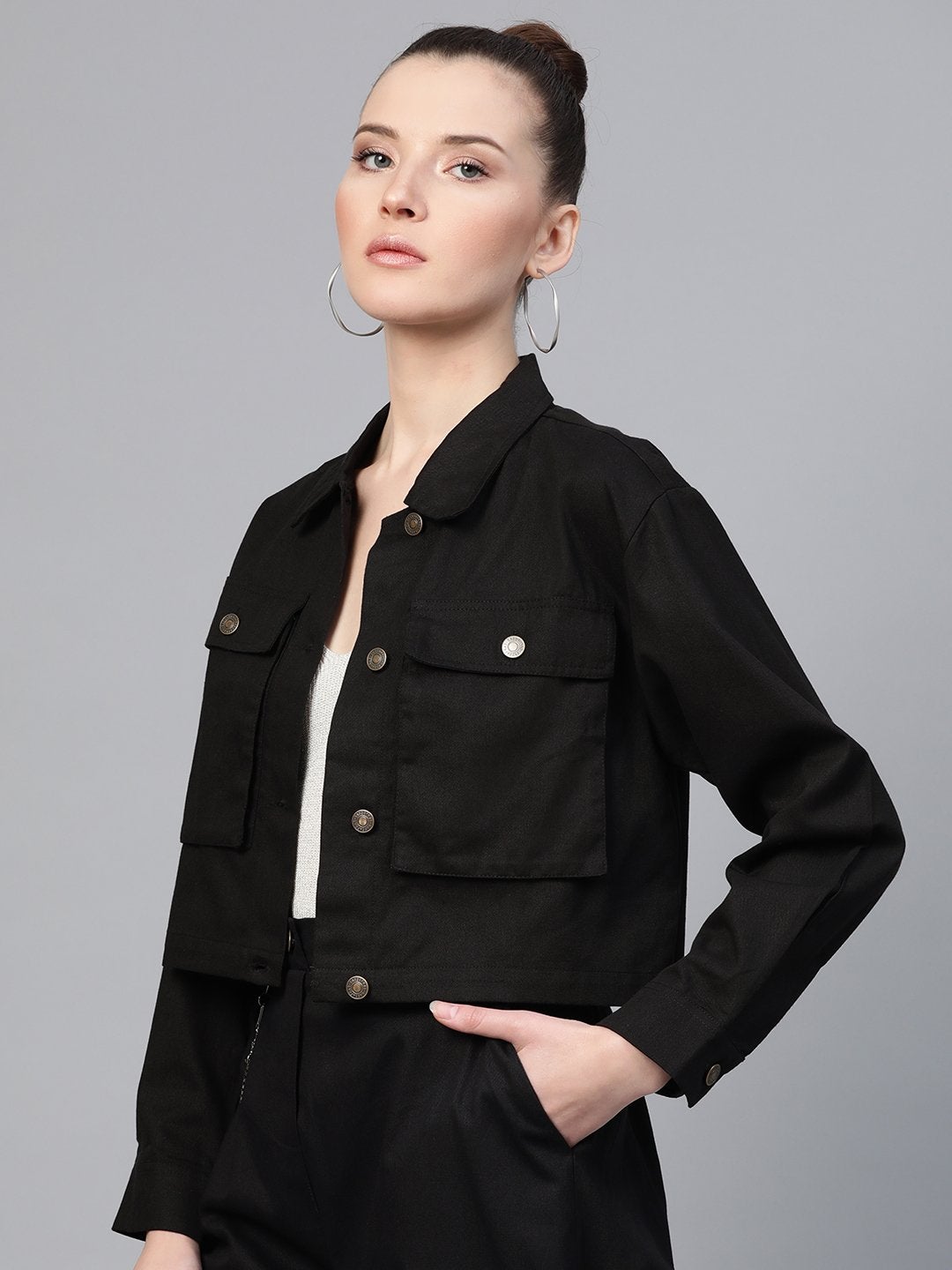 Women's Black Boxy Denim Jacket - SASSAFRAS