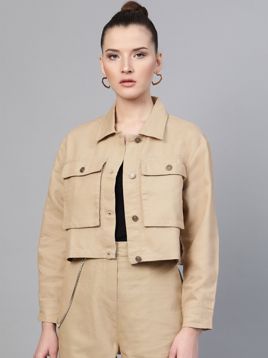 Women's Beige Boxy Denim Jacket - SASSAFRAS