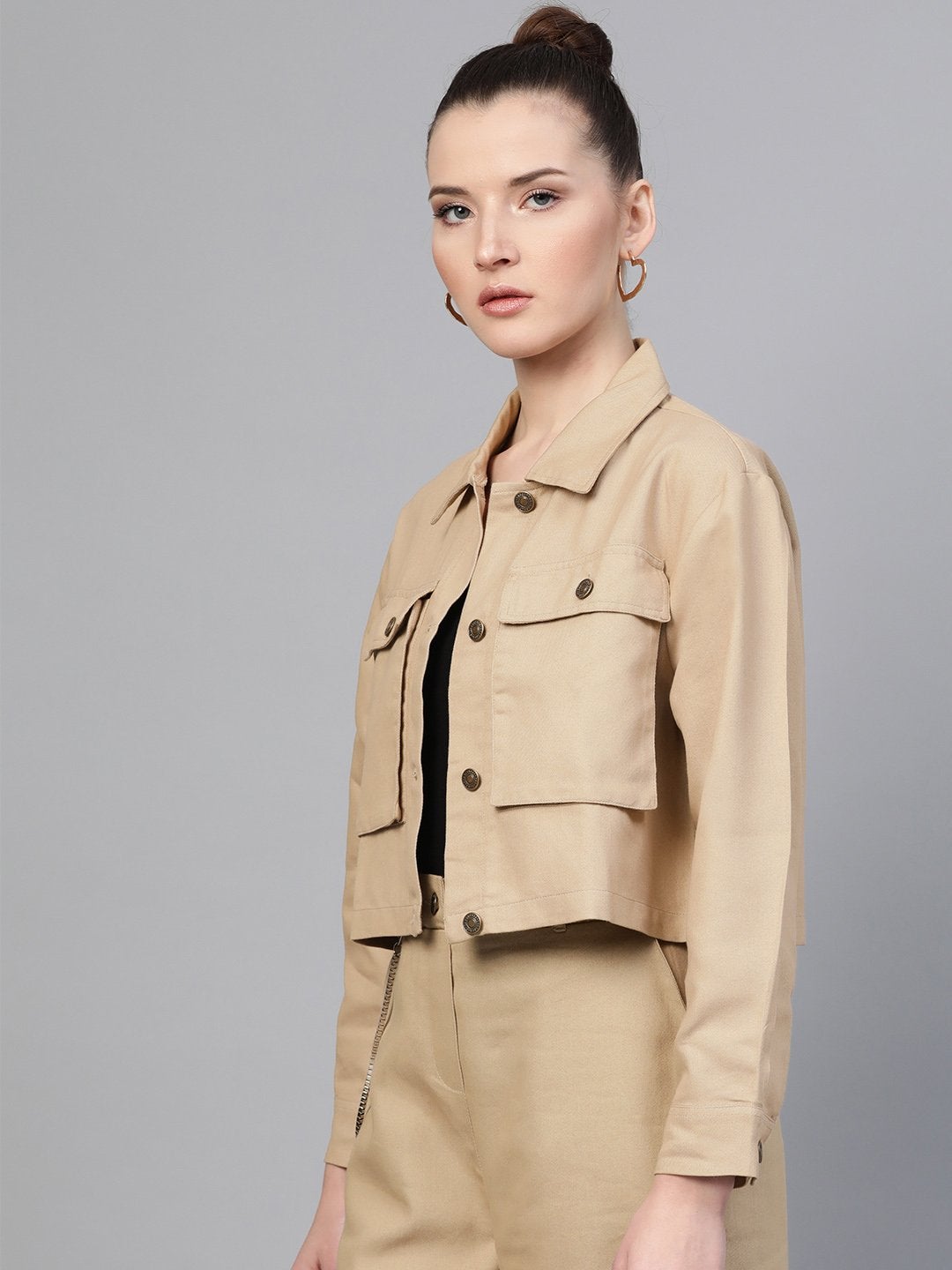 Women's Beige Boxy Denim Jacket - SASSAFRAS