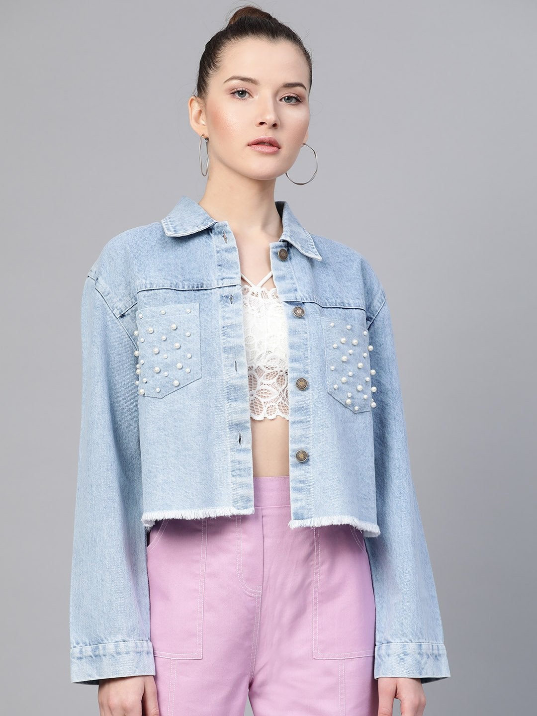 Women's Ice Blue Denim Pearl Pocket Jacket - SASSAFRAS