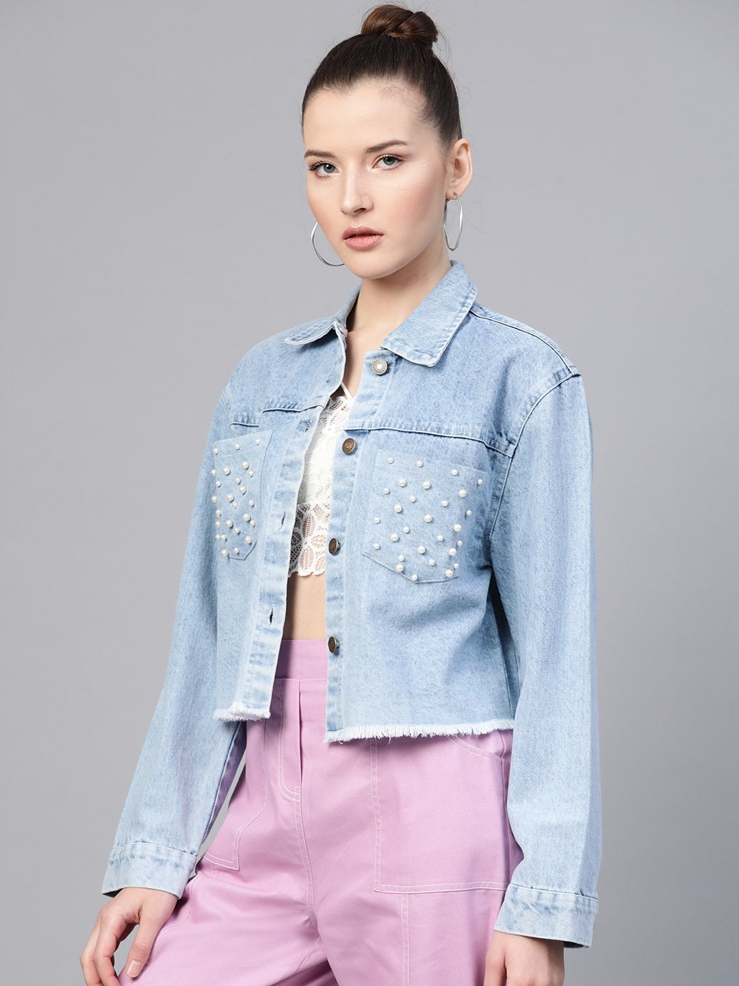 Women's Ice Blue Denim Pearl Pocket Jacket - SASSAFRAS