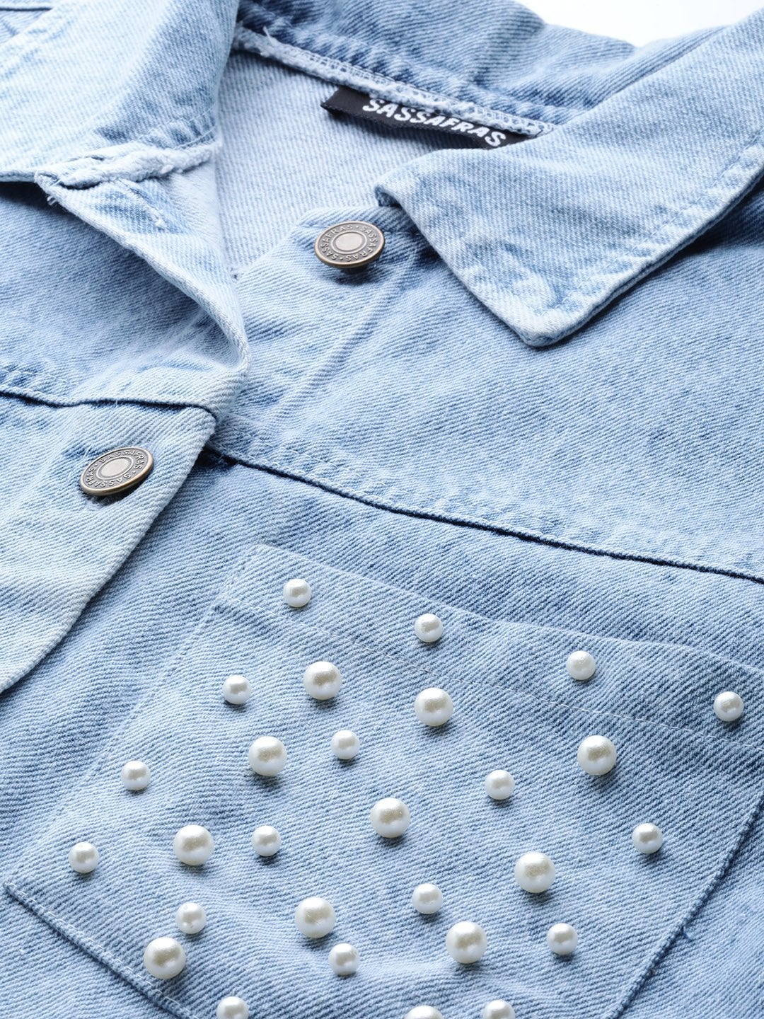 Women's Ice Blue Denim Pearl Pocket Jacket - SASSAFRAS