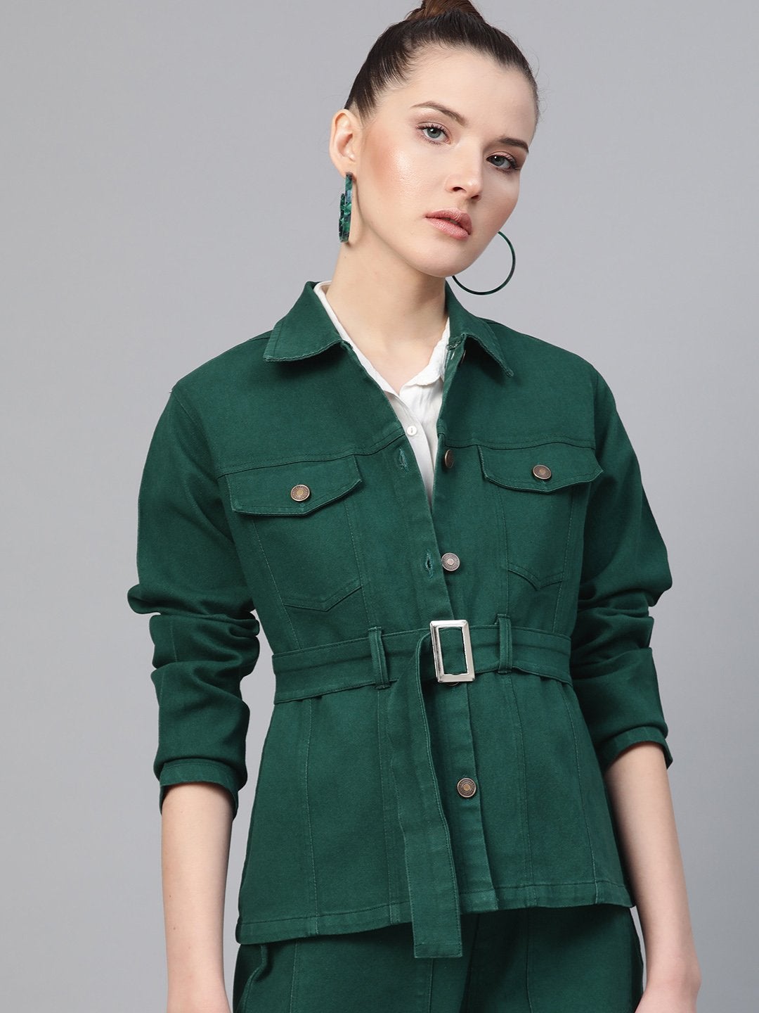 Women's Emerald Green Denim Belted Jacket - SASSAFRAS