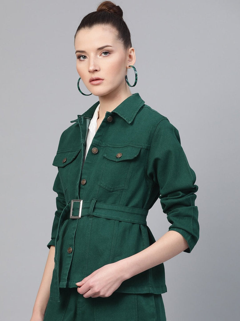 Women's Emerald Green Denim Belted Jacket