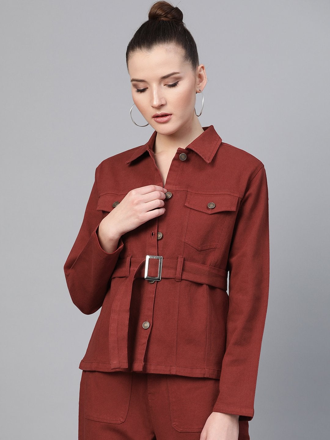 Women's Rust Denim Belted Jacket - SASSAFRAS