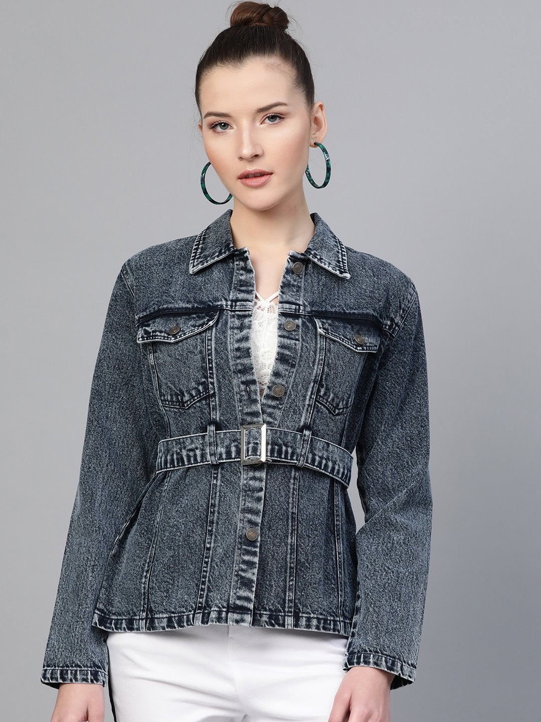 Women's Black Acid Wash Belted Denim Jacket - SASSAFRAS