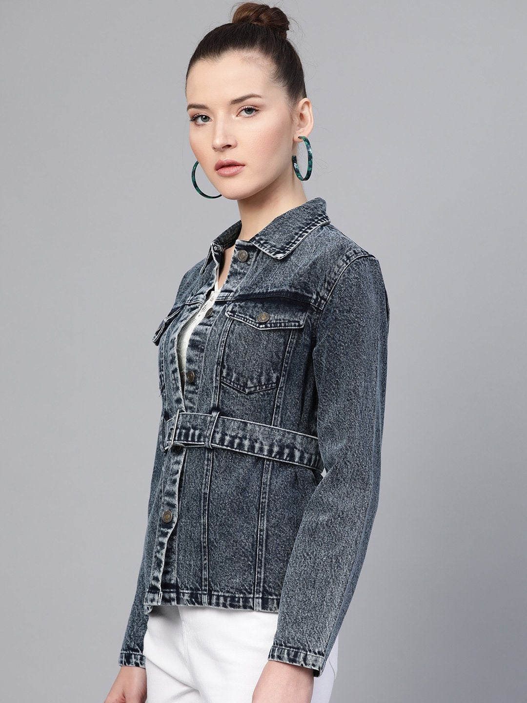 Women's Black Acid Wash Belted Denim Jacket - SASSAFRAS