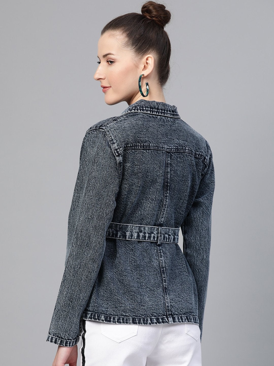 Women's Black Acid Wash Belted Denim Jacket - SASSAFRAS