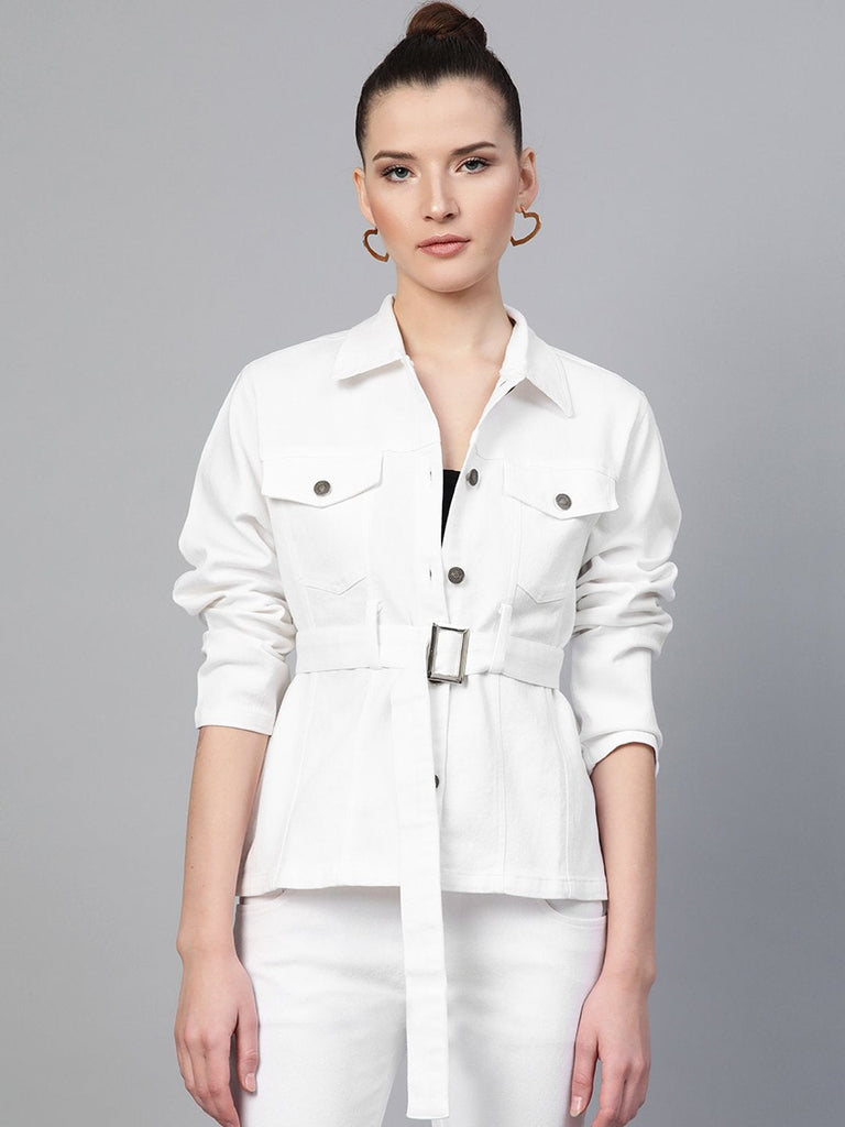 Women's White Belted Denim Jacket