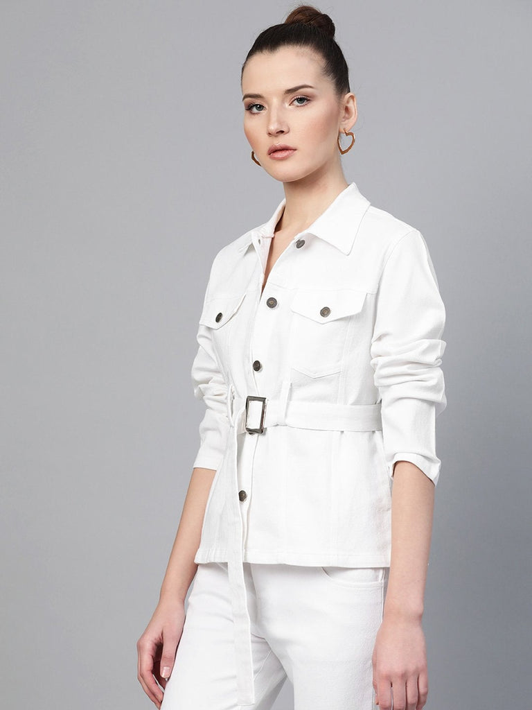 Women's White Belted Denim Jacket
