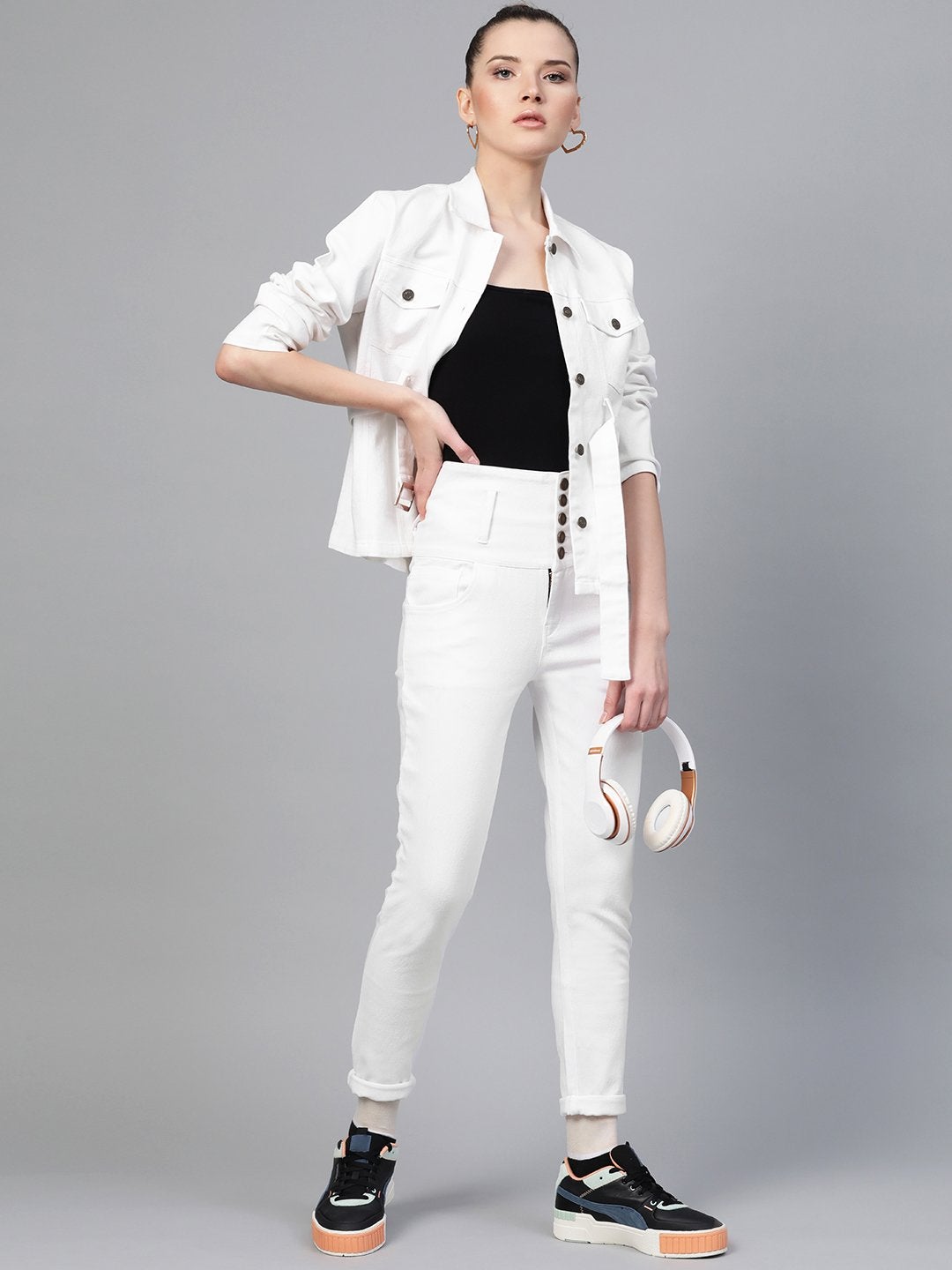 Women's White Belted Denim Jacket - SASSAFRAS