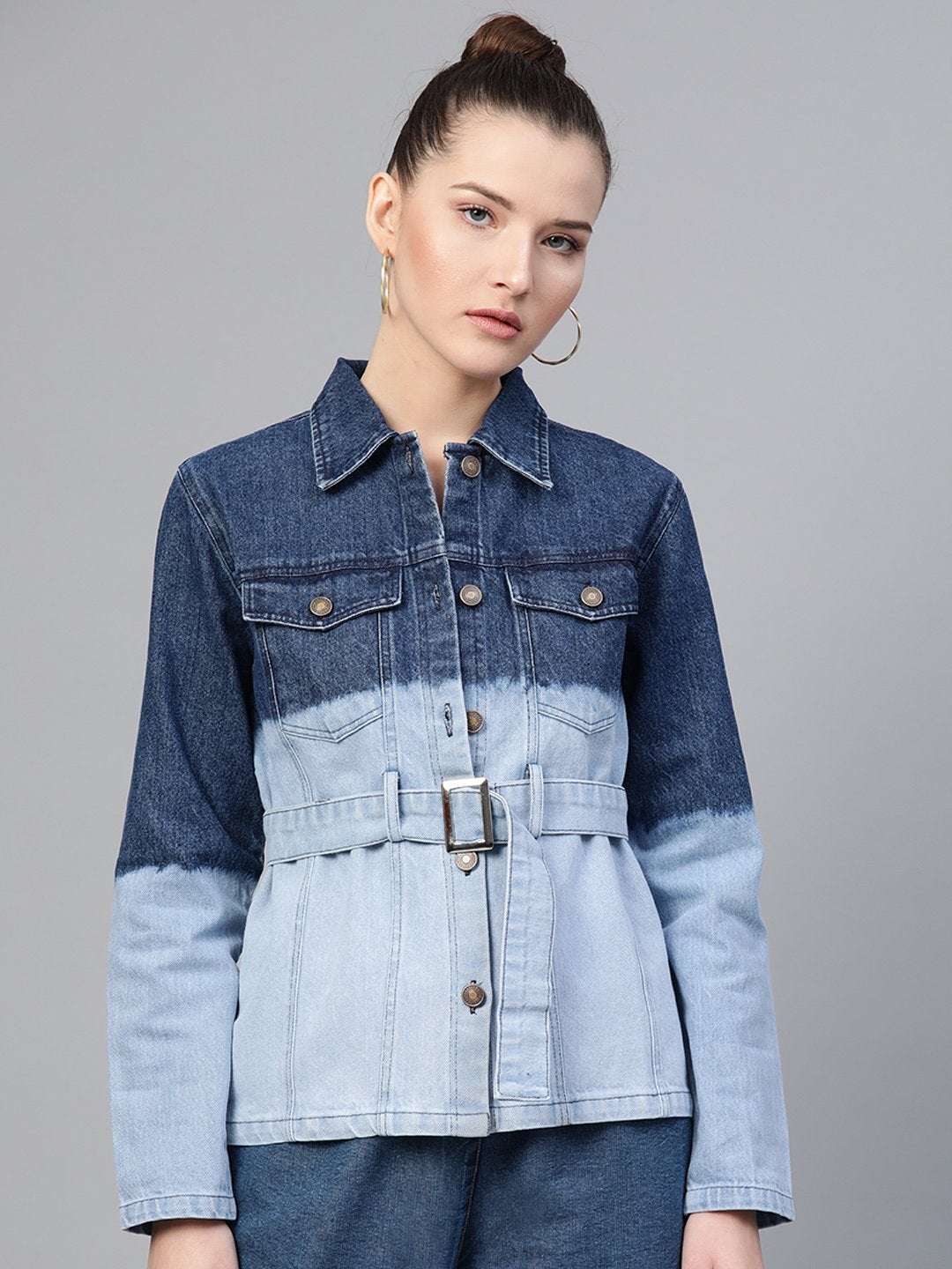 Women's Navy & Blue Ombre Wash Belted Denim Jacket - SASSAFRAS