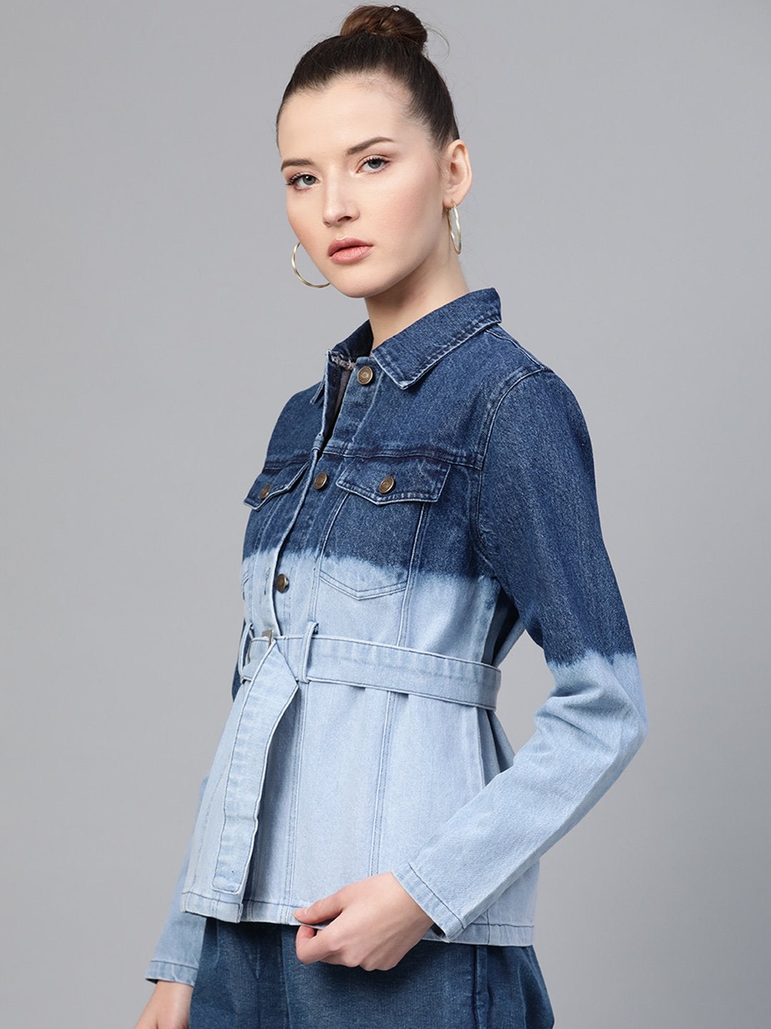 Women's Navy & Blue Ombre Wash Belted Denim Jacket - SASSAFRAS