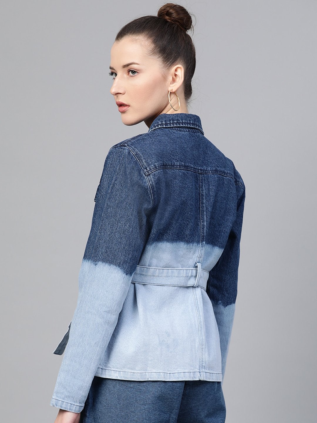 Women's Navy & Blue Ombre Wash Belted Denim Jacket - SASSAFRAS