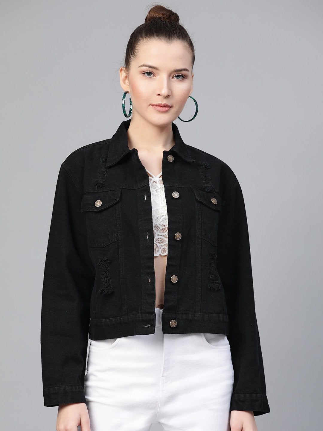 Women's Black Distress Look Denim Jacket - SASSAFRAS