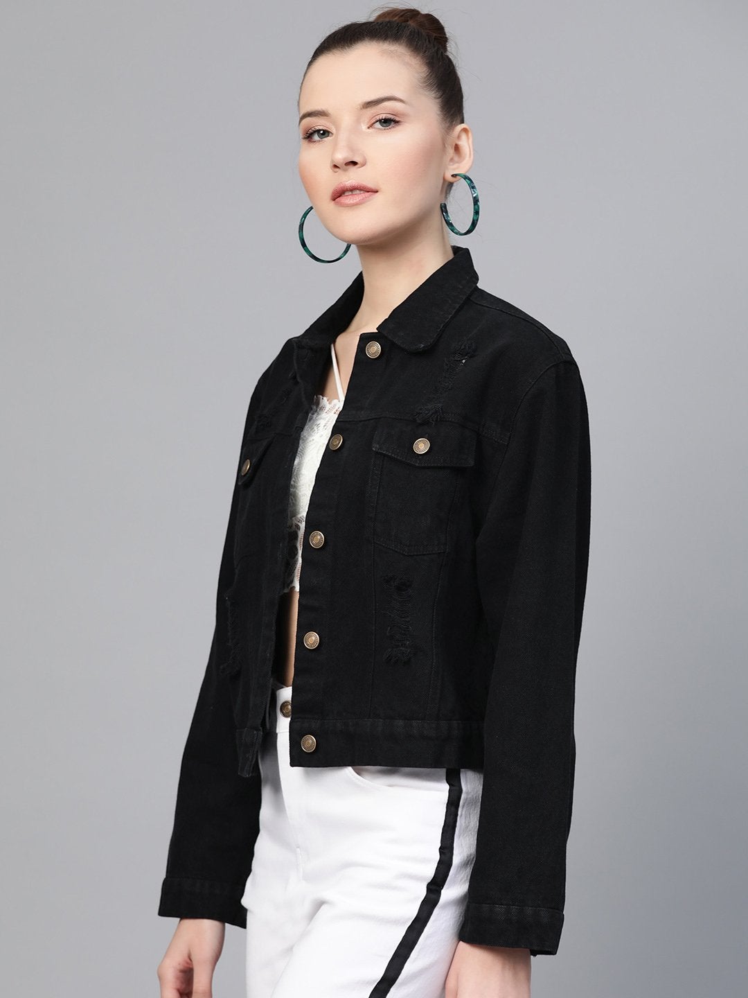 Women's Black Distress Look Denim Jacket - SASSAFRAS