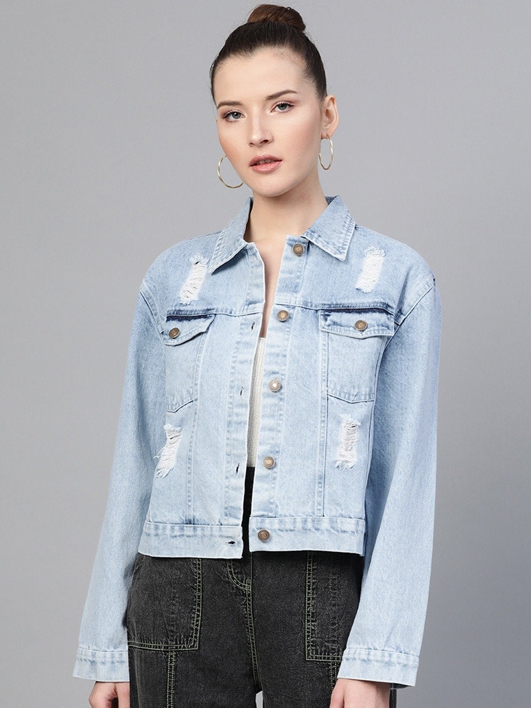 Women's Ice Blue Distress Look Denim Jacket - SASSAFRAS