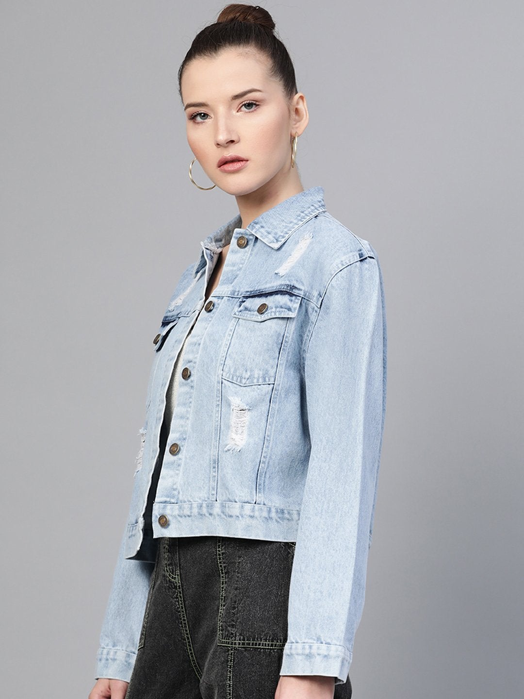 Women's Ice Blue Distress Look Denim Jacket - SASSAFRAS