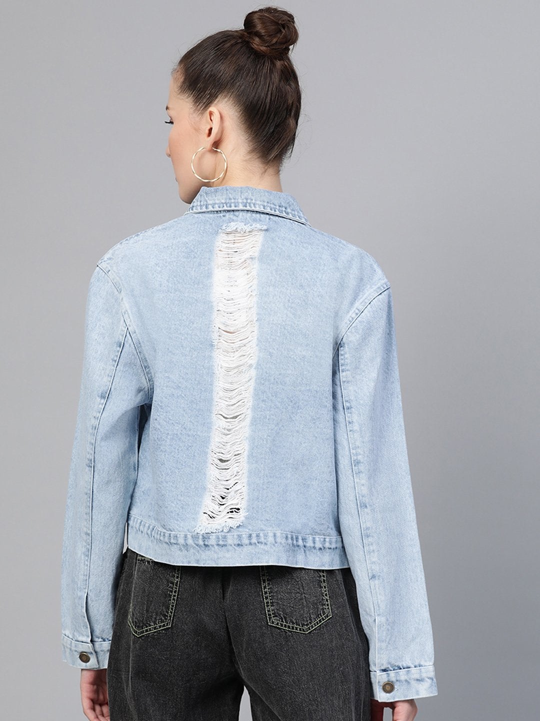 Women's Ice Blue Distress Look Denim Jacket - SASSAFRAS