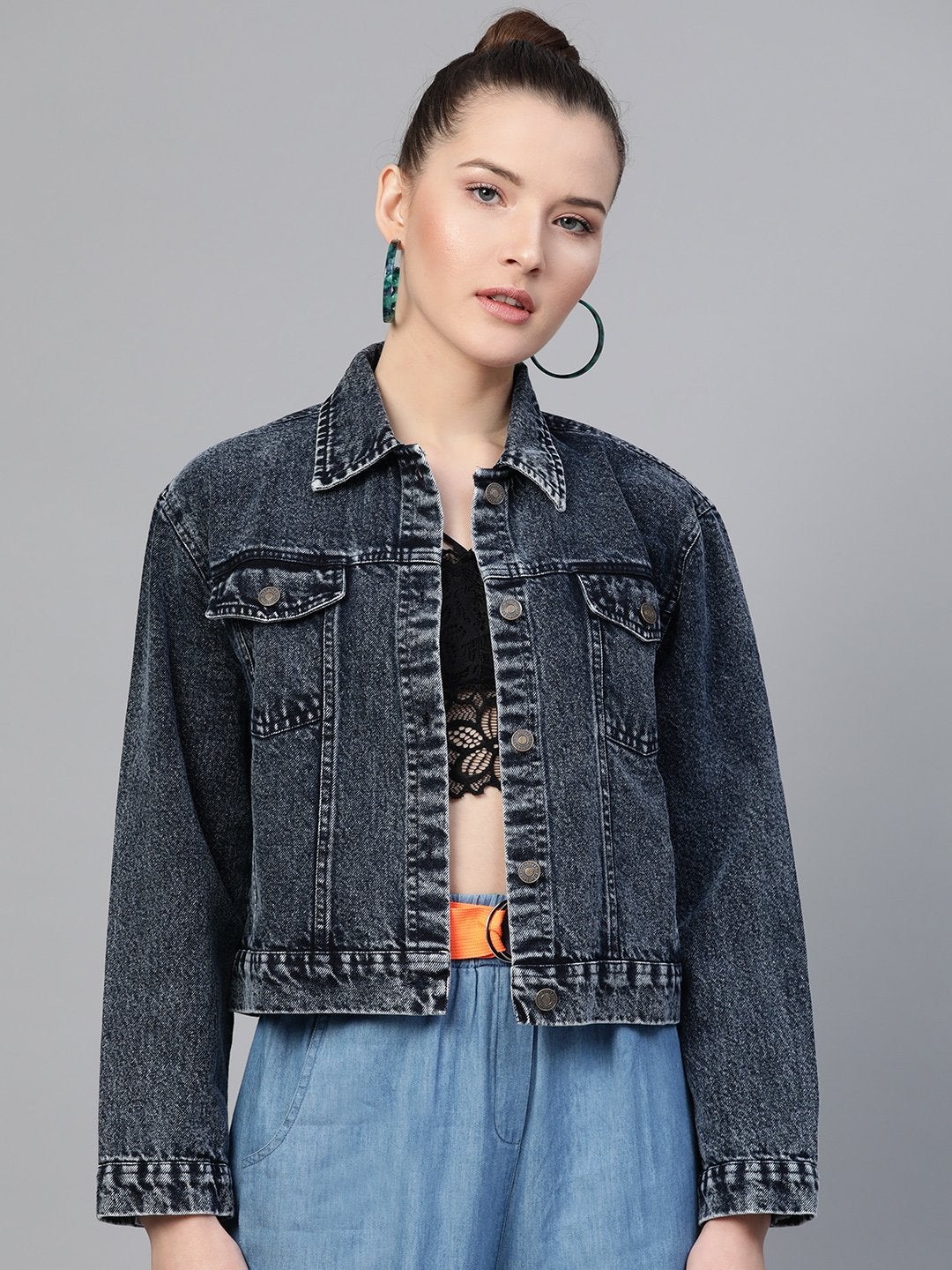 Women's Black Acid Wash Boxy Denim Jacket - SASSAFRAS