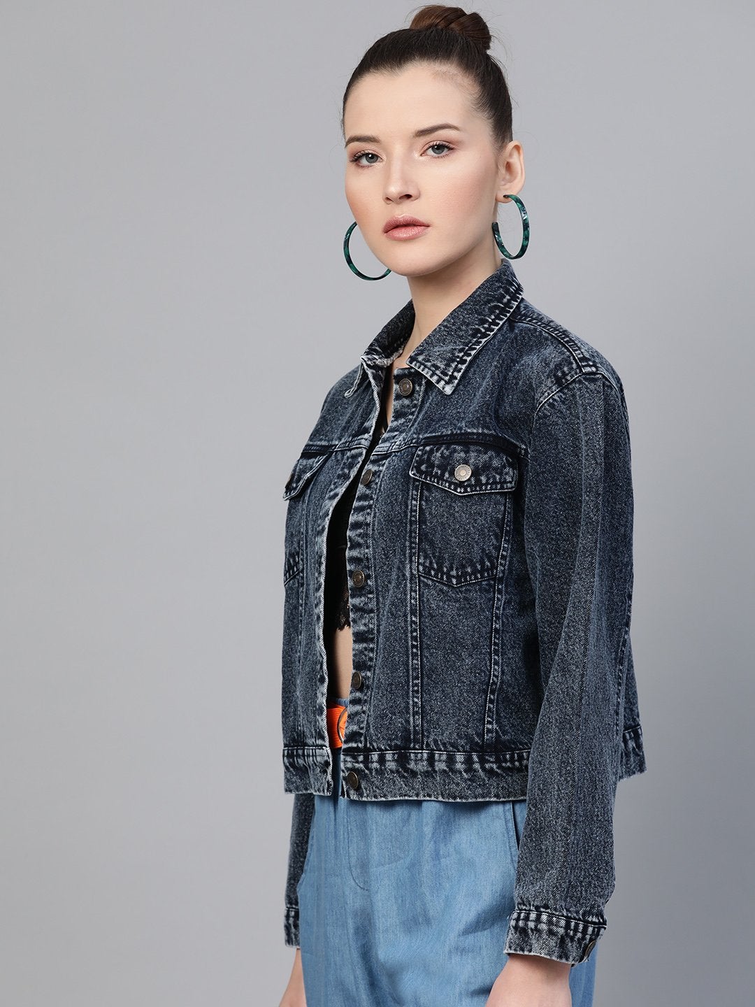 Women's Black Acid Wash Boxy Denim Jacket - SASSAFRAS