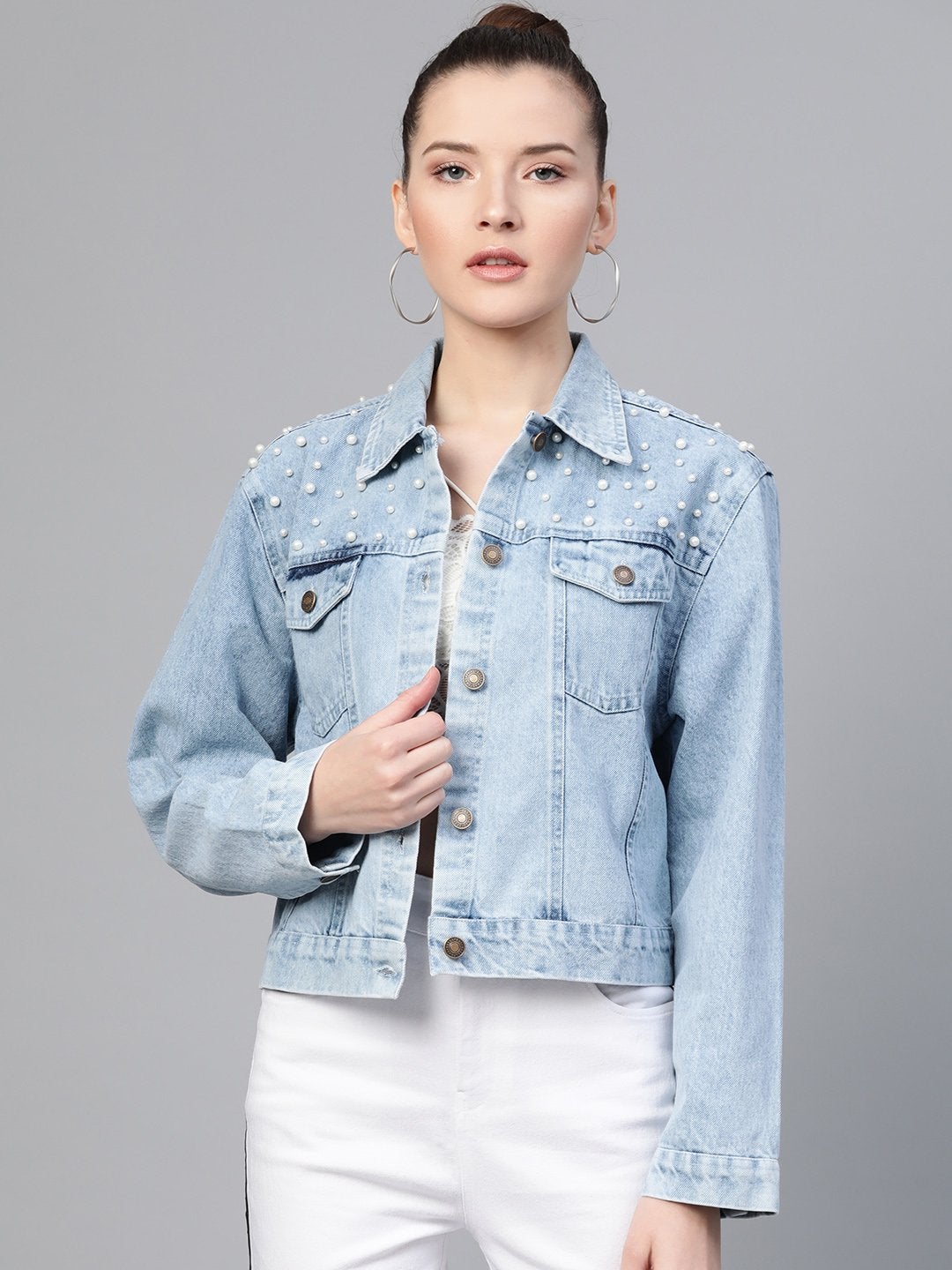 Women's Ice Blue Pearl Spead Denim Jacket - SASSAFRAS