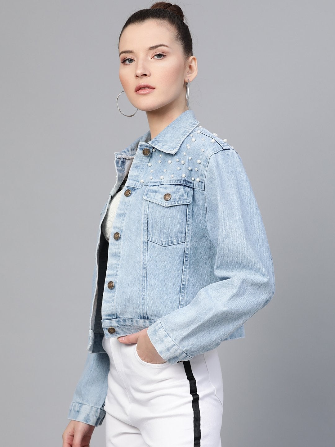 Women's Ice Blue Pearl Spead Denim Jacket - SASSAFRAS