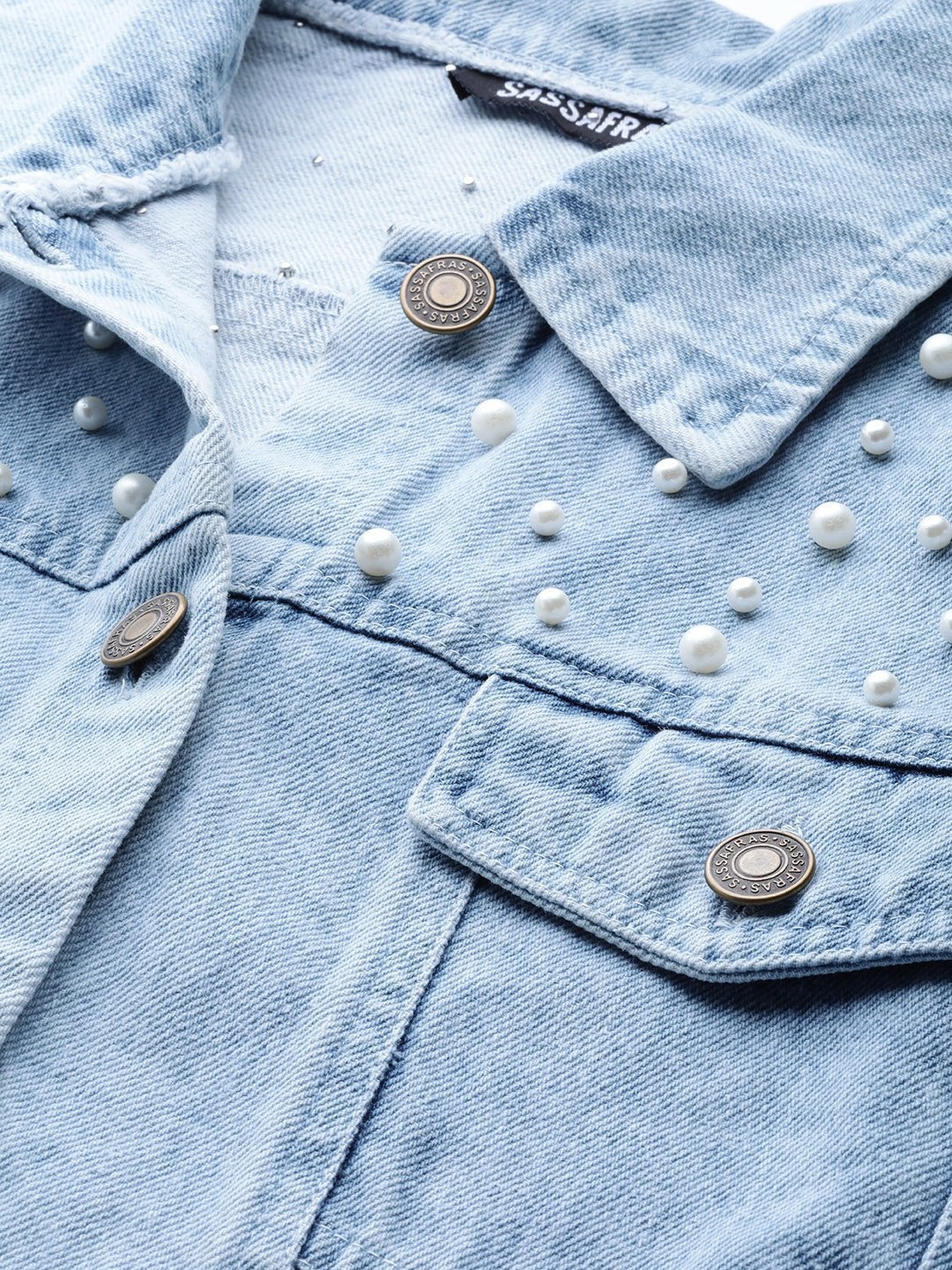 Women's Ice Blue Pearl Spead Denim Jacket - SASSAFRAS