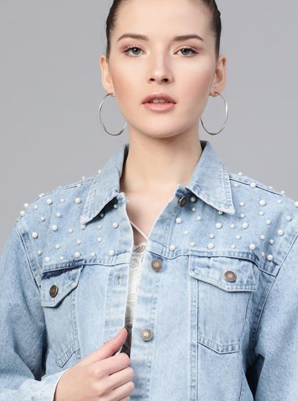 Women's Ice Blue Pearl Spead Denim Jacket - SASSAFRAS