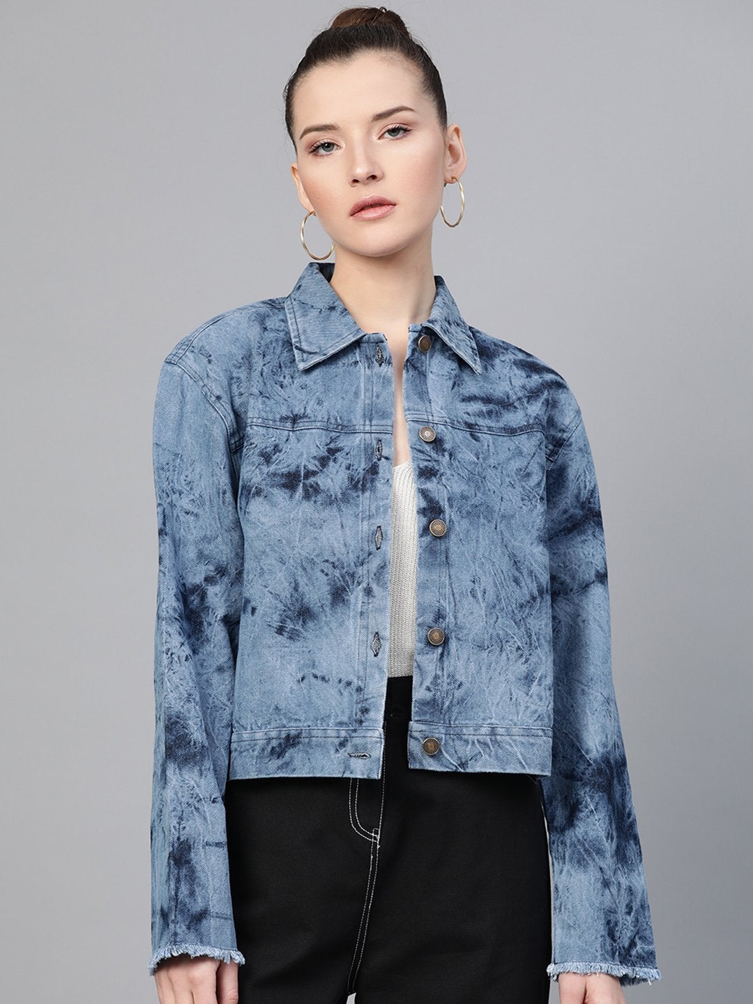 Women's Ice Blue Tie-Dye Acid Wash Denim Jacket - SASSAFRAS