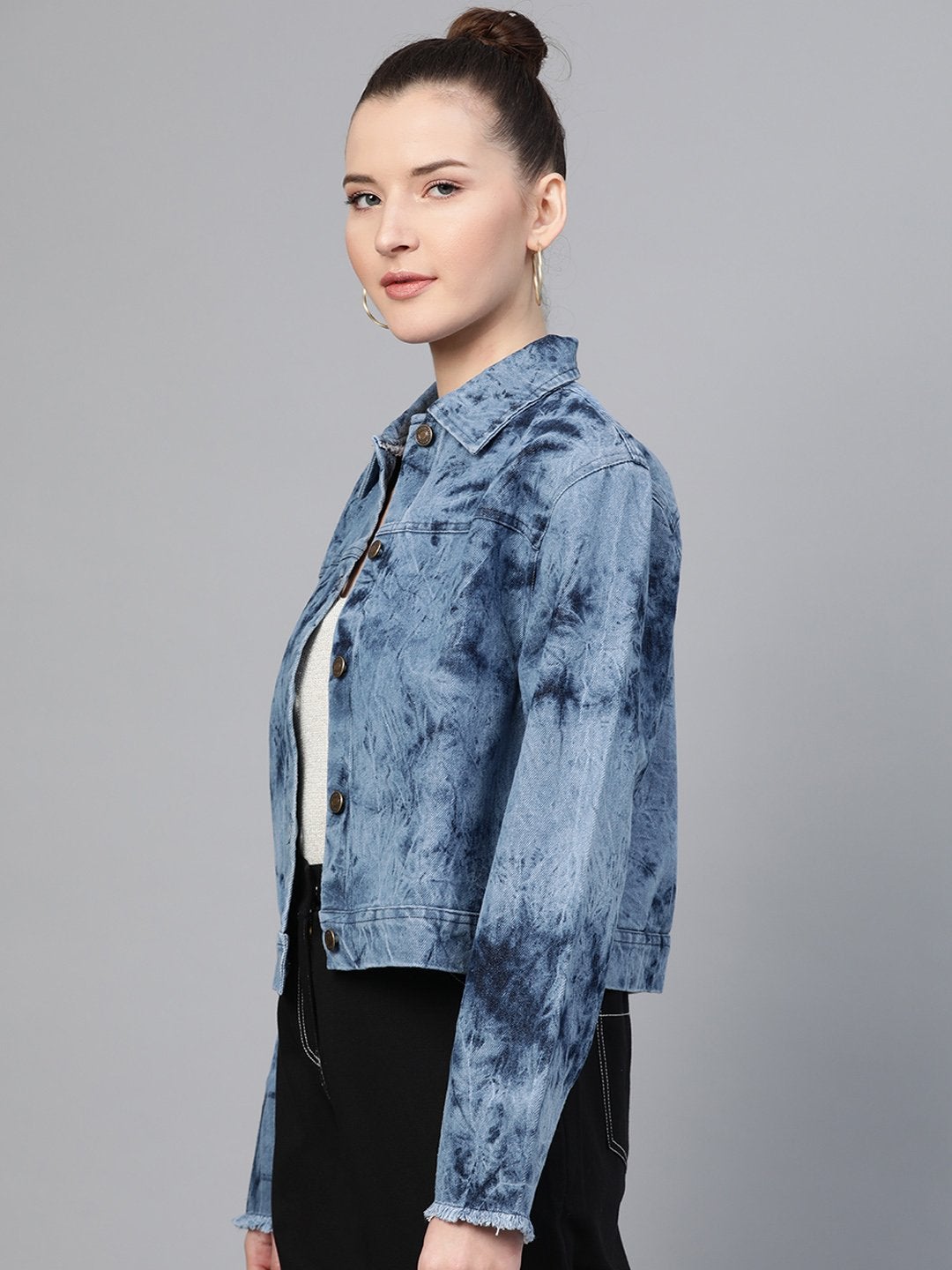 Women's Ice Blue Tie-Dye Acid Wash Denim Jacket - SASSAFRAS