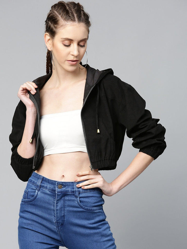 Women's Black Hooded Boxy Corduroy Crop Jacket