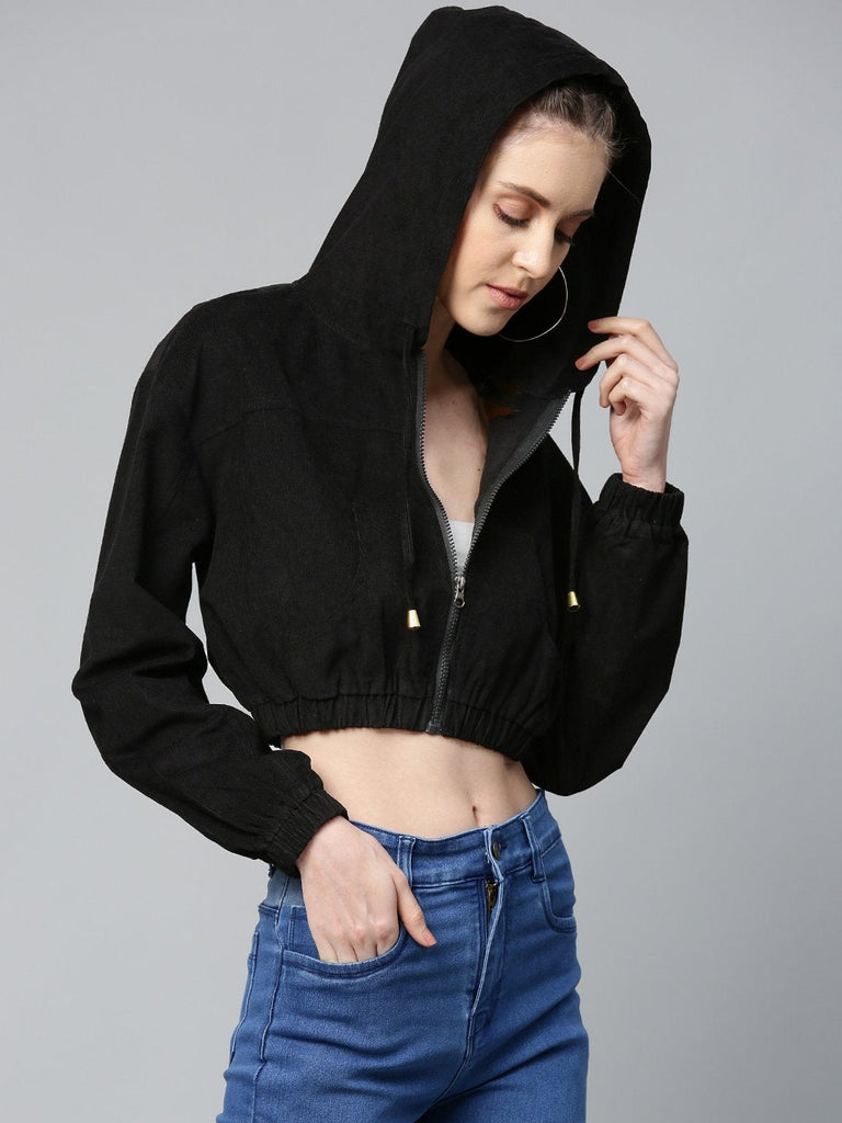 Women's Black Hooded Boxy Corduroy Crop Jacket