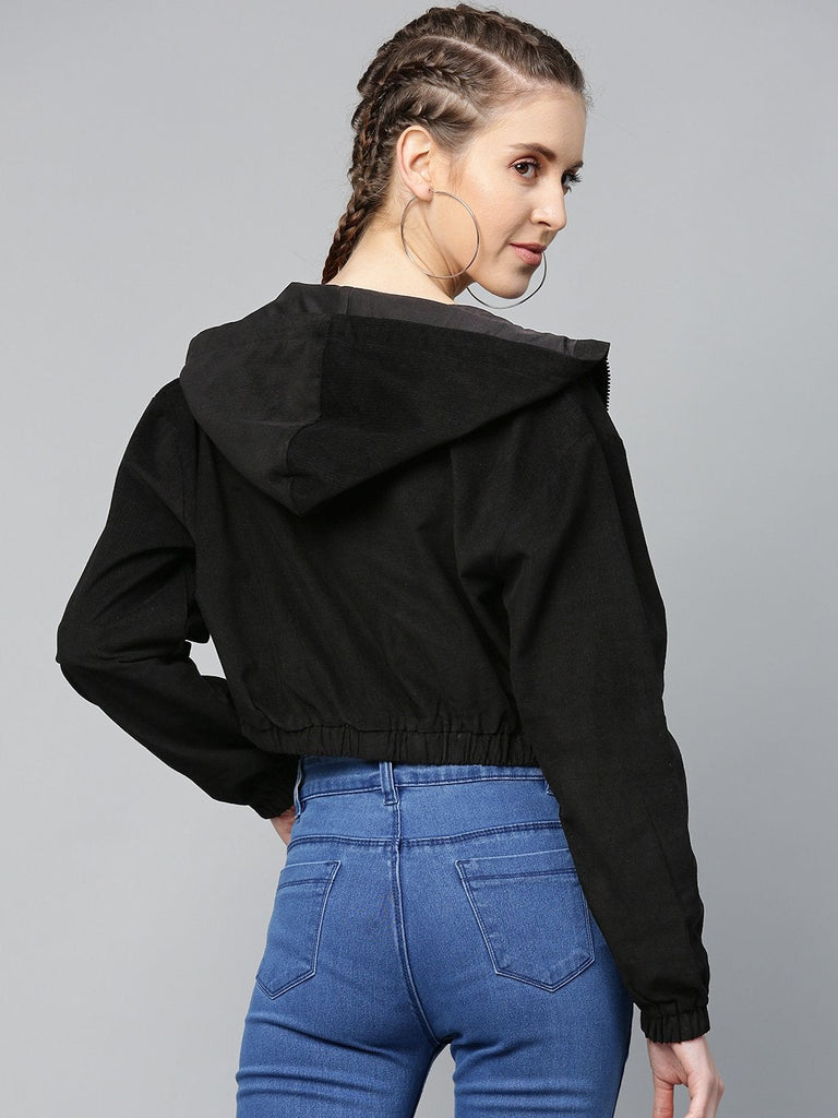 Women's Black Hooded Boxy Corduroy Crop Jacket