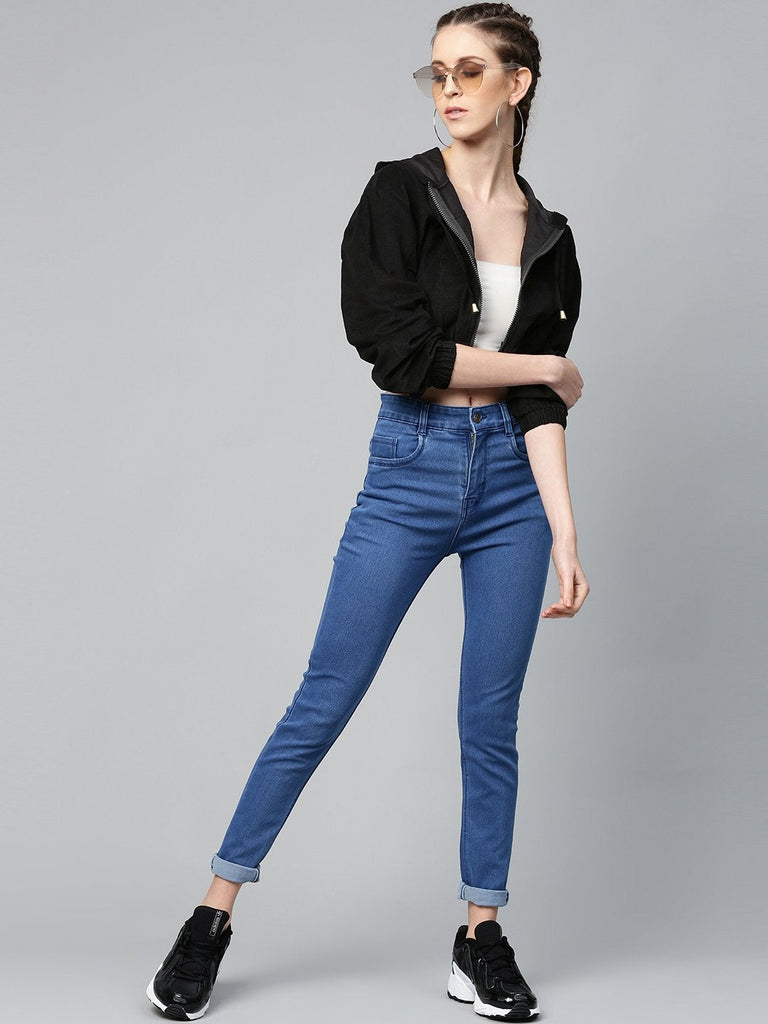 Women's Black Hooded Boxy Corduroy Crop Jacket