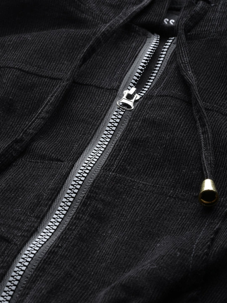 Women's Black Hooded Boxy Corduroy Crop Jacket