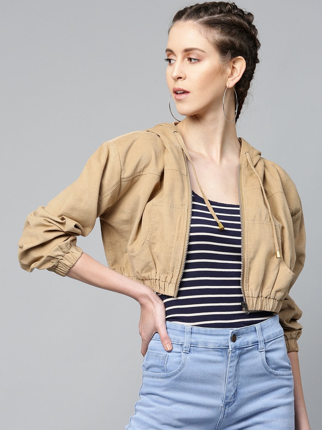 Women's Beige Hooded Boxy Corduroy Crop Jacket - SASSAFRAS