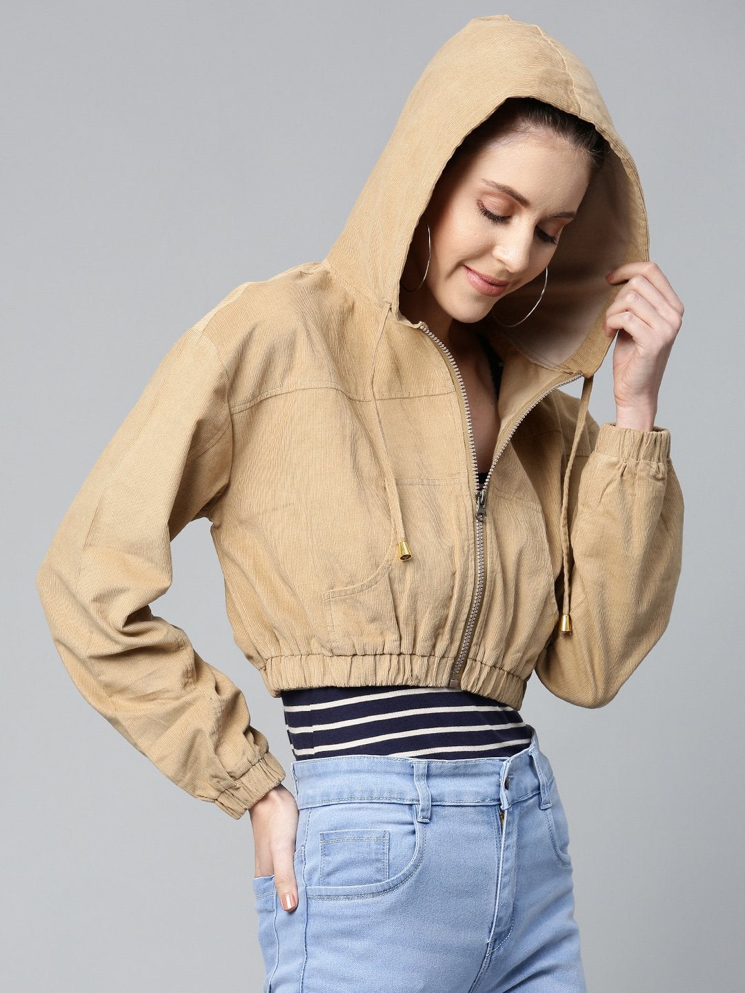 Women's Beige Hooded Boxy Corduroy Crop Jacket - SASSAFRAS