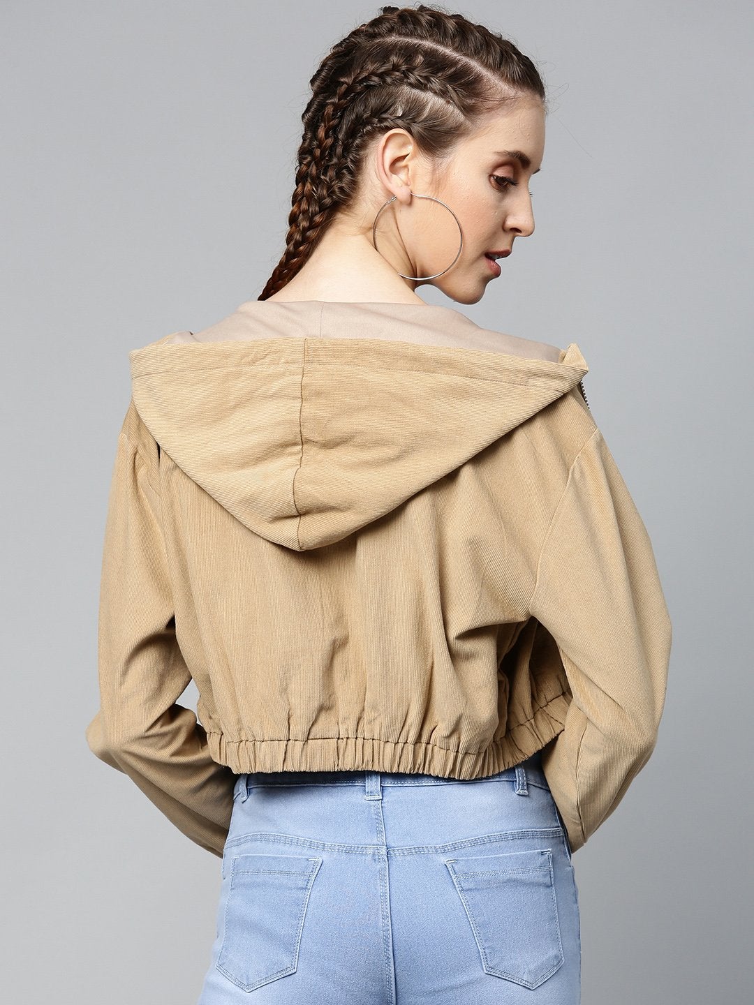 Women's Beige Hooded Boxy Corduroy Crop Jacket - SASSAFRAS