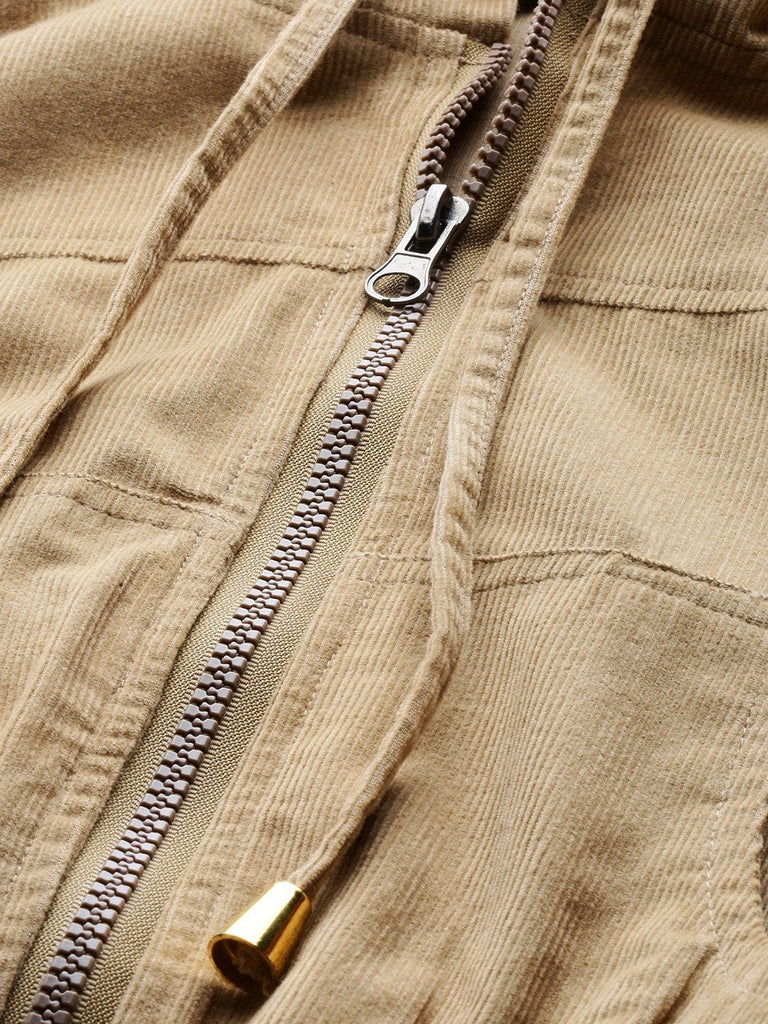 Women's Beige Hooded Boxy Corduroy Crop Jacket