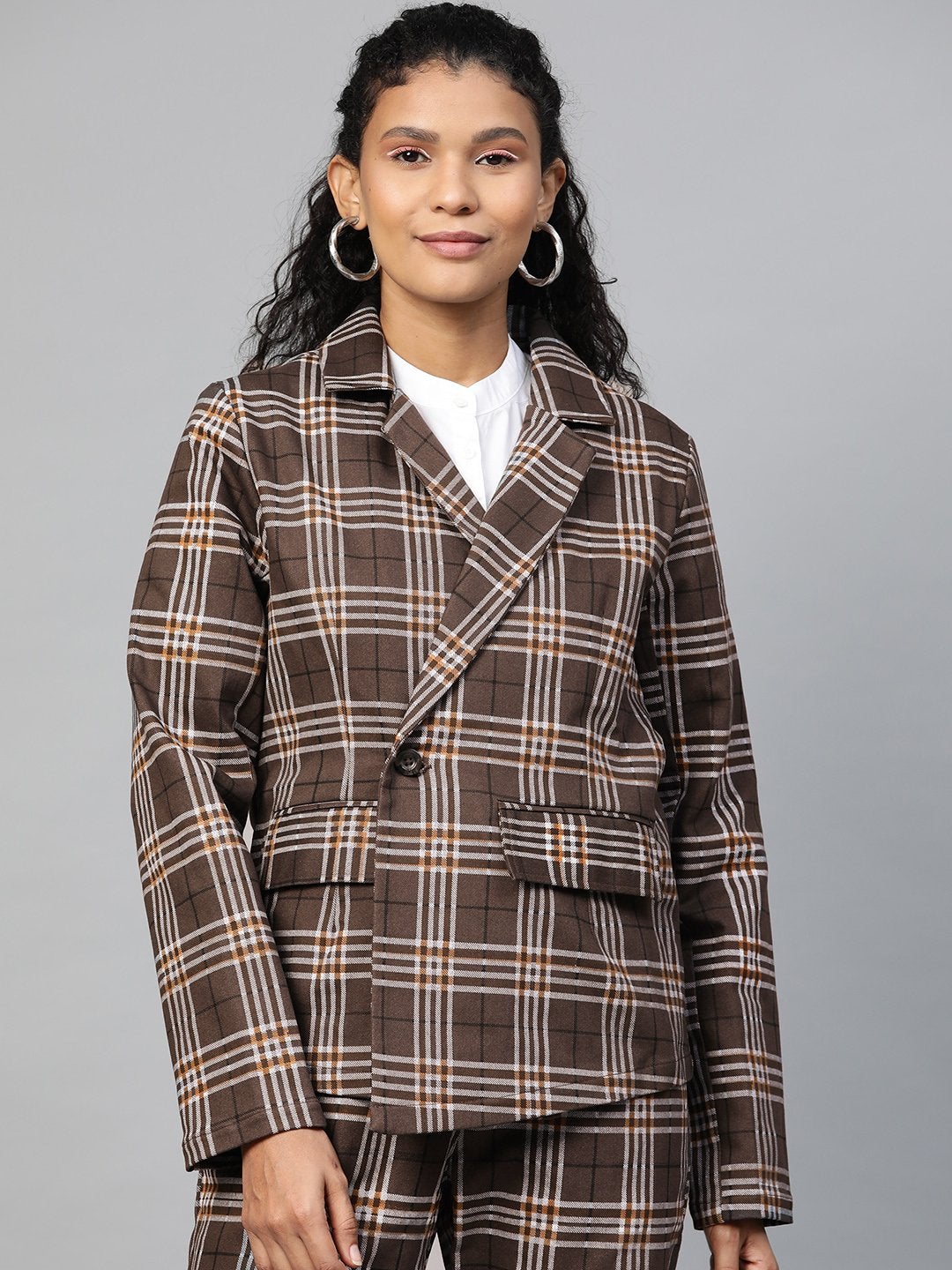 Women's Brown Check Wrap Twill Blazer - SASSAFRAS