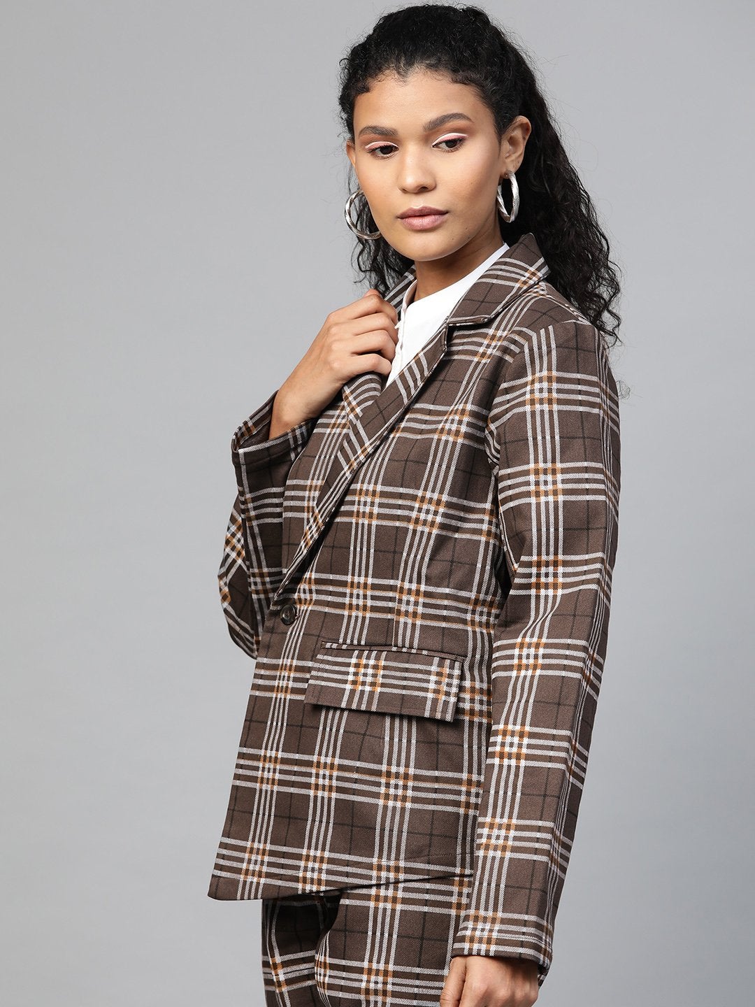 Women's Brown Check Wrap Twill Blazer - SASSAFRAS