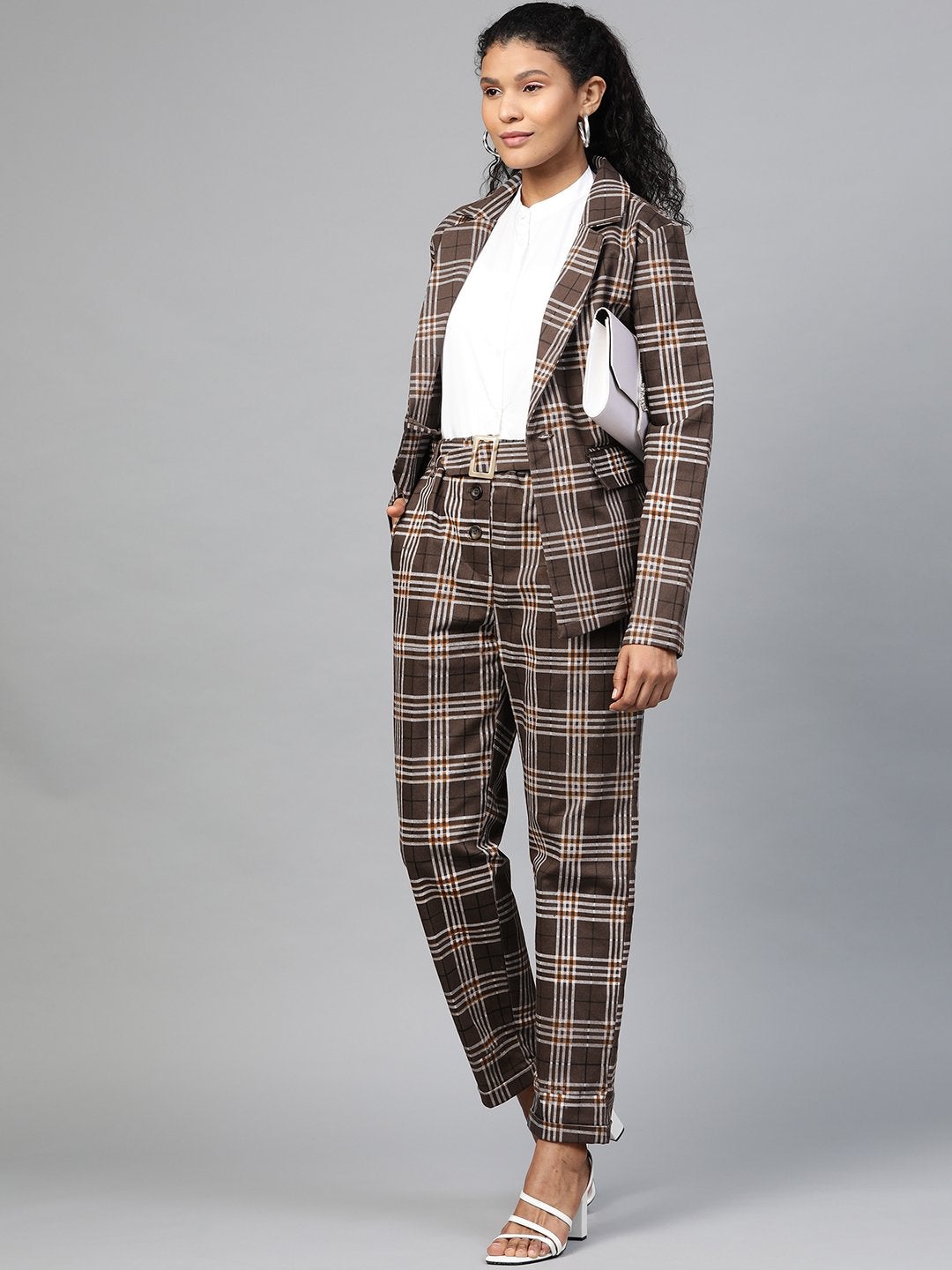 Women's Brown Check Wrap Twill Blazer - SASSAFRAS