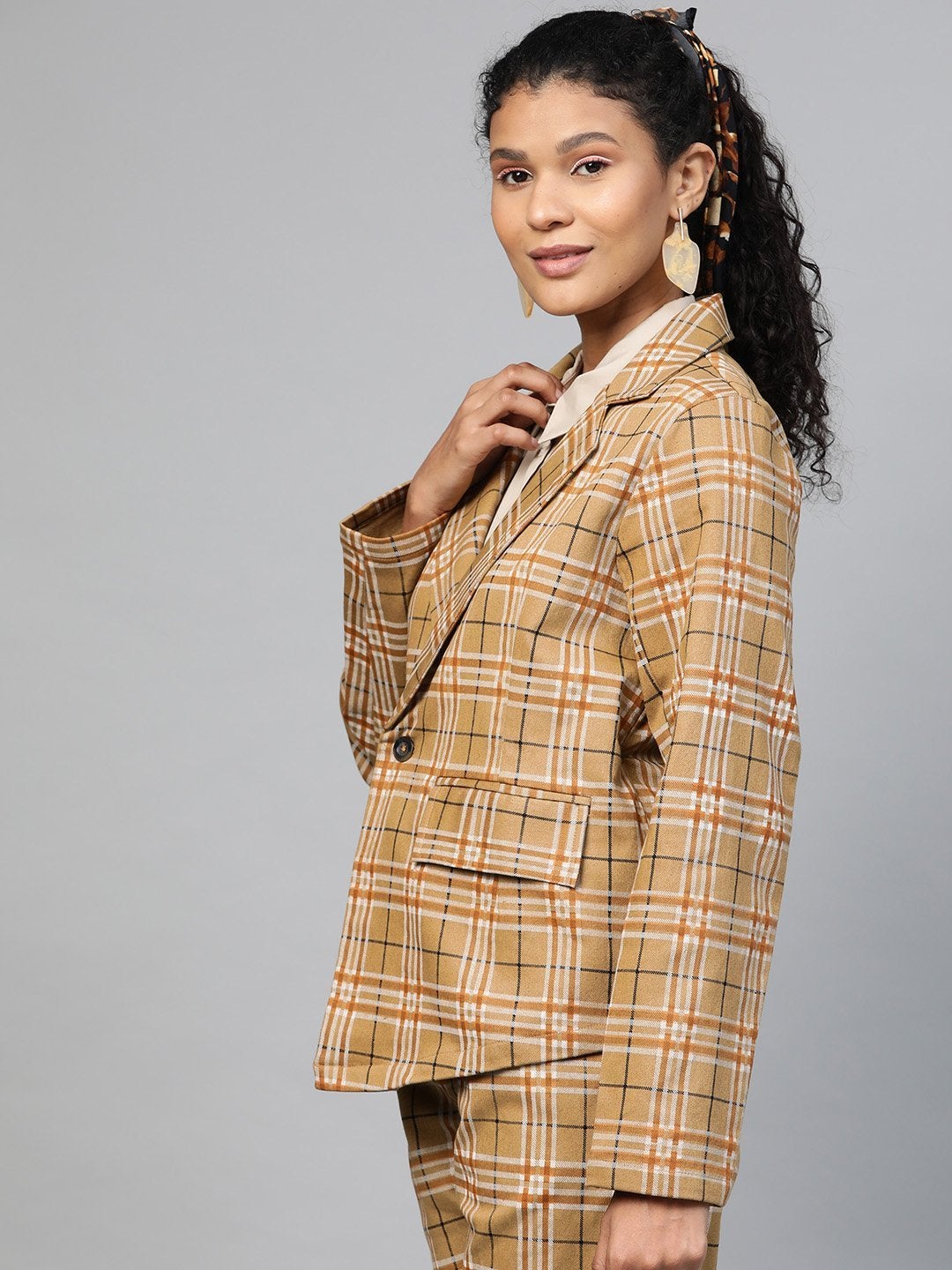 Women's Beige Check Wrap Twill Blazer - SASSAFRAS